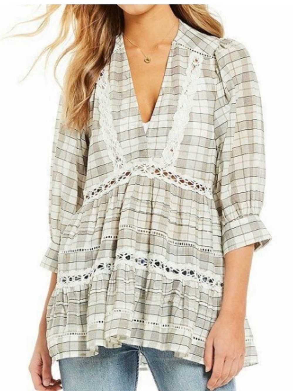 Free People Time out lace tunic  Lace-Trim Peasant Top in Cream and Tan